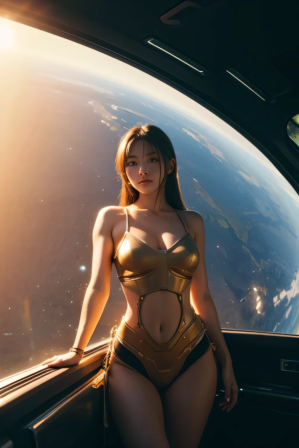 Young woman, mechanical body, spaceship, shining sun.