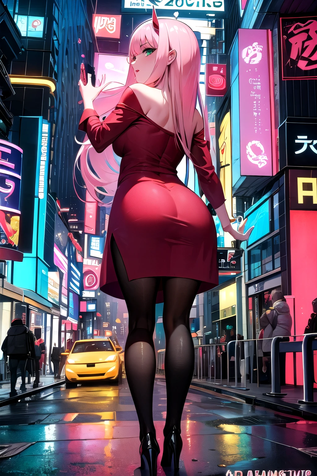Masterpiece, top quality, best quality, official art, beautiful and aesthetic, anime, 1girl, Zero Two, extremely detailed, colorful, more detailed ((ultra-detailed)), (highly detailed CG illustration),horny,detailed face,pink hair, big green eyes,tight red dress, in middle,skinny fit, small breasts,cleavege,street,night,cyberpunk,fullbody shot,showing panties,from behind
