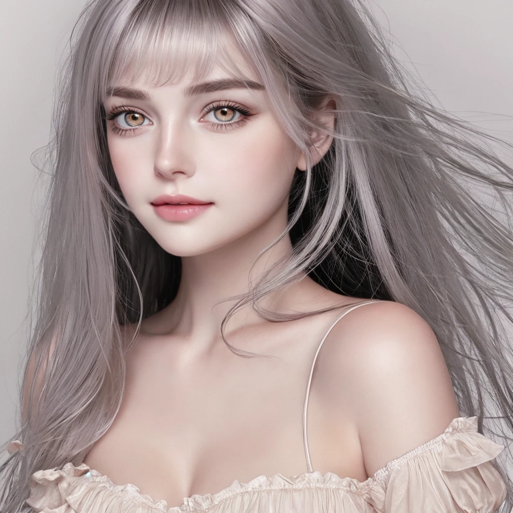 masterpiece、Highest quality、8K、Ultra-high resolution、Head to knee photo、20th generation、Big Breasts、cute、One person、Please smile faintly、cute、Girly、cute、Delicate girl、Pure beauty、RAW Photos、Professional photography、Soft Light、Professional Writing、Backlight、avert your eyes、Sophistication、Film Grain、(Eye and facial details:1.0)、Floating hair、Messy Hair、Wavy Long Hair、Asymmetrical Bangs、round face、Baby Face、(Big Breasts:1.0) 、nipple protrusions are clearly visible,、、(Grayish pink dress)、Voluptuous thighs、Translucent white skin、Dolly Makeup、(Odd Eye、Heterochromia iridis、gold eyes silver eyes、The irises of the left and right eyes are different colors)