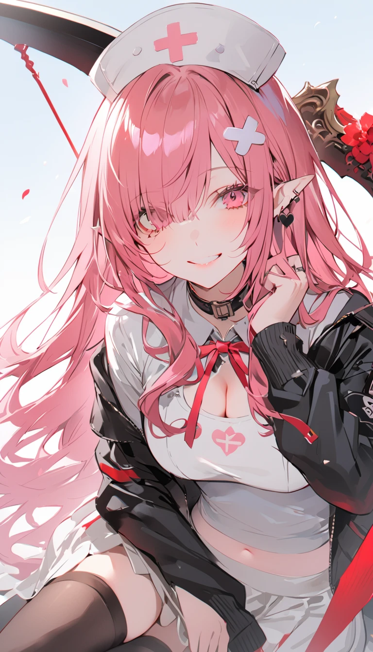 a girl holding a sword and holding it on a floor full of pink and red objects, scythe, long hair, holding, thighhighs, hair over one eye, breasts, 1girl, navel, hair ornament, jacket, pointy ears, nurse cap, skirt, holding scythe, black jacket, smile, open clothes, underwear