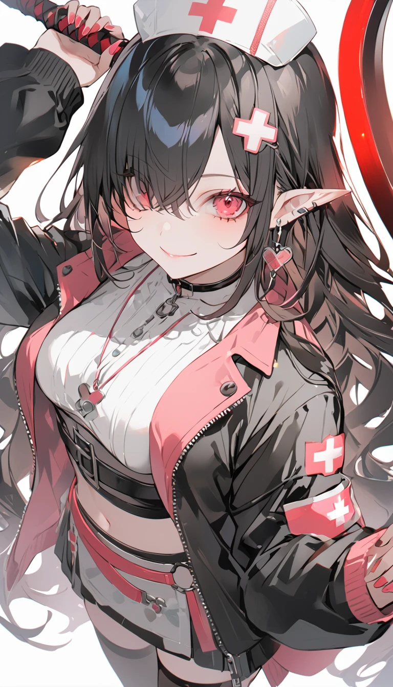 a girl holding a sword and holding it on a floor full of pink and red objects, scythe, long hair, holding, thighhighs, hair over one eye, breasts, 1girl, navel, hair ornament, jacket, pointy ears, nurse cap, skirt, holding scythe, black jacket, smile, open clothes, underwear