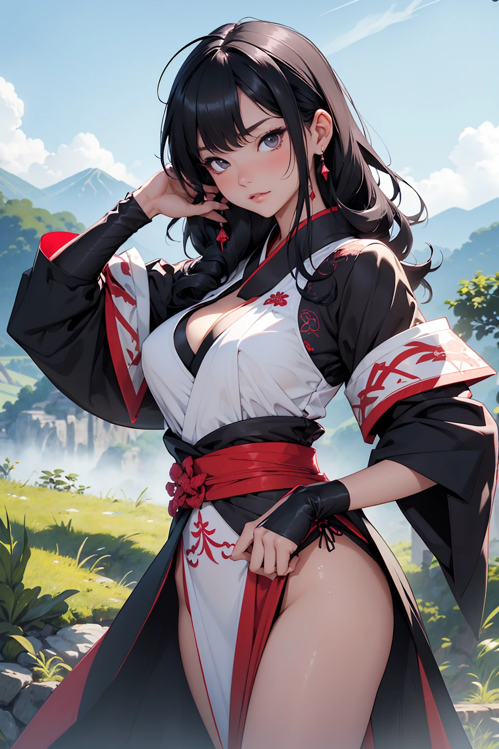 Japanese women, Mastepiece, High quality, High freshness, Detailed hair, A detailed face, Clean skin, White skin, Sweaty, oily skin, glamorous woman, cute, Kunoichi, One Woman,hime cut, Black clean hair, temptation expression, Bewitching, Ninja costume, complicatedな衣装, embroidery costume, Gorgeous outfit, gorgeous cloth, Wet costume, Net tights, Loincloth, Majestic Mountain々, wide open grassland, Professional、(((Vibrant colors,Vibrant Themes))),(complicated),(High contrast),(Best Quality,4K,High resolution,Mastepiece:1.2),Super detailed