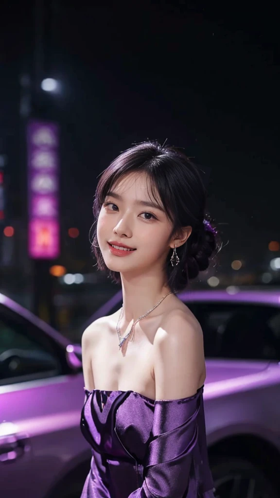 8k, masterpiece, RAW photo, best quality, photorealistic, extremely detailed CG unity 8k wallpaper, Depth of field, Cinematic Light, Lens Flare, Ray tracing, (extremely beautiful face, beautiful lips, beautiful eyes), intricate detail face, ((ultra detailed skin)) 1girl, in the dark, deep shadow, pretty korean girl, kpop idol,(very slim slender fit-muscled body:1.3), ((looking at viewer)),(big smile:1.3), (night, (neon sign), (blurry background), midnight, (without people in the background:1.3), pretty korean girl, white diamond earrings, bracelets, necklace, clear eyes, standing , front shot, Standing in front of purple neon Lights, Beside Purple Lamborghini car, (pale skin), (big eyes), full body shot, ((Satin silky Purple Asymmetrical Dress)), ((Satin silky Purple Asymmetrical Dress)),((purple colour Dress)), (looking at viewer:1.3), very slim, breast, super round big breasts under the dress, Hermes purple bag, updo hair, short hair, front face shot, ((Face Shot)), ((4 Different poses)), ((sexy angles)), medium butts, Purple vehicles, purple bike's, purple buses, purple walls, purple shop bords, purple advertising boards,