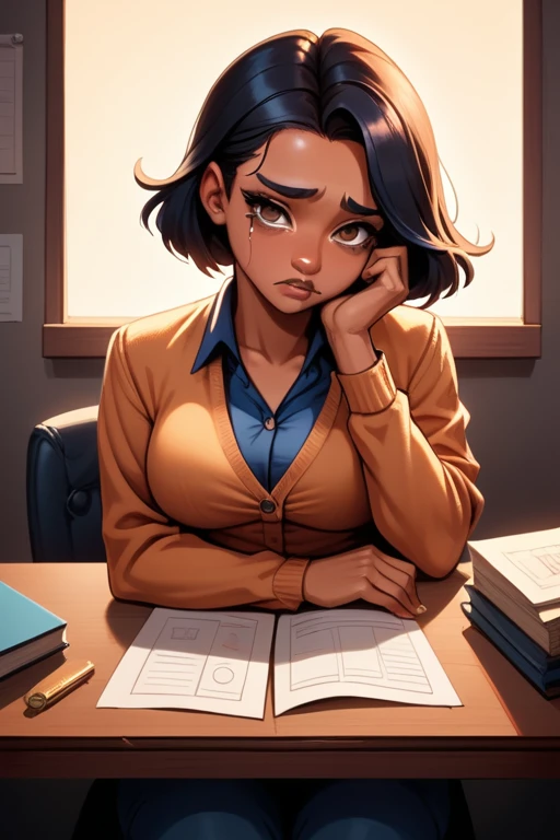 tall woman(brown eyes; long, straight black hair; large breasts; olive skin tone), Disney-style cgi, business casual attire; indoor high-tech office; futuristic; dystopian; cyberpunk; best quality; trending on artstation; complex volumetric lighting; sobbing uncontrollably; crying; tears; sad expression; sitting at desk