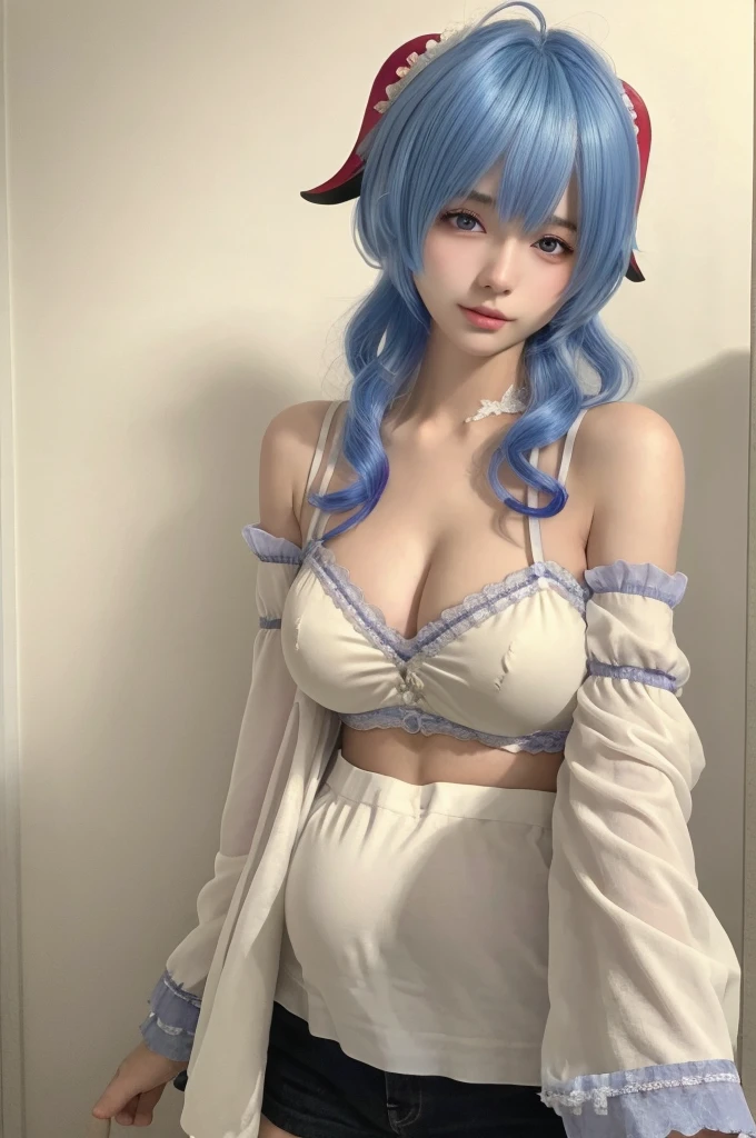 (masterpiece:1.2),best quality,high resolution,unity 8k wallpaper,(illustration:1),perfect lighting,extremely detailed CG,
finely detail,extremely detailed,soft lighting and shadow,soft yet striking lighting,film grain:1.2,(skin pores:1.2),(detailed skin texture:1),((solo:1.5)),Detailed face,(see-through:1.1),misty,Low Key:1.1,depth of field,
crop top,shorts,makeup,indoors,supermarket, large breasts, Pregnant with 2 children
ganyu \(genshin impact\), 1girl, blue hair, horns, solo,looking at viewer,purple eyes, bangs,