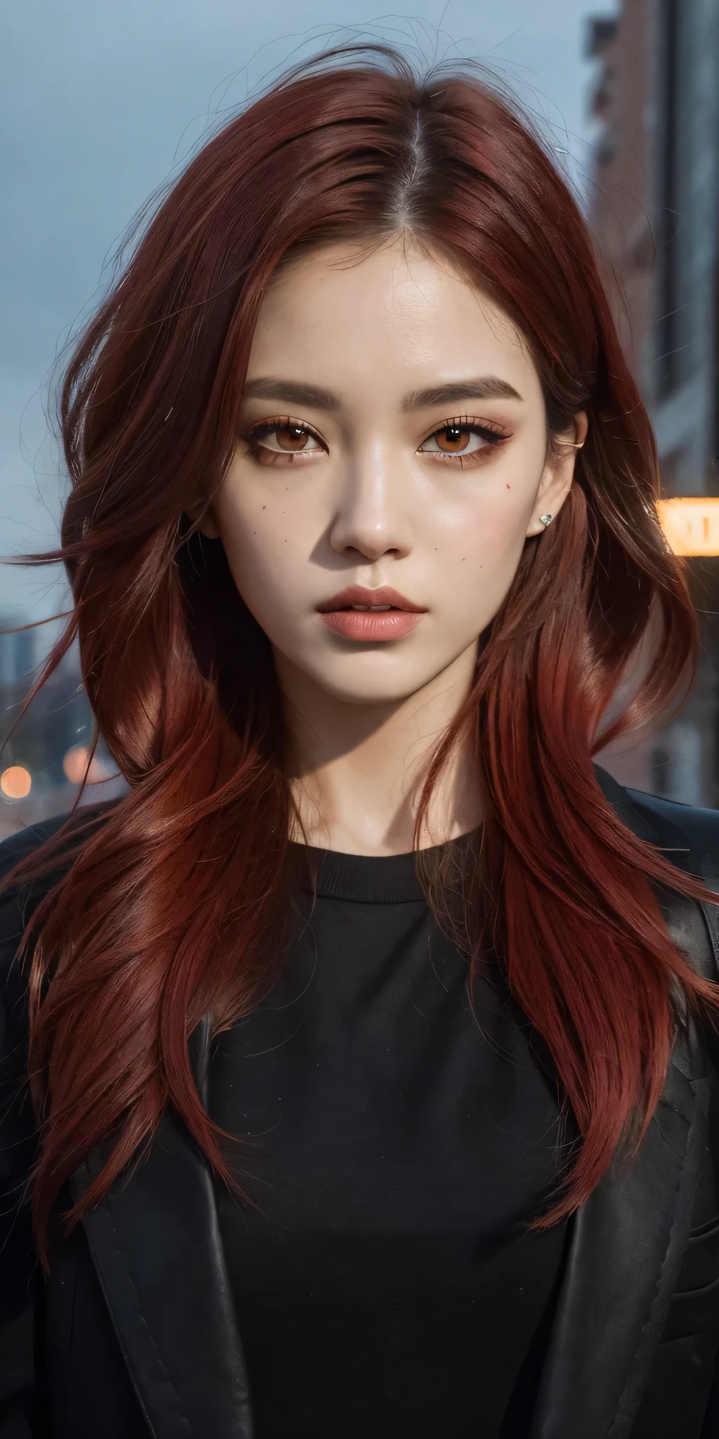 beautiful girl, half body portrait, short bright red disheveled hair, black eyeshadow, (street style wear:1.2), (city background:1.2), dark makeup, digital art, trending on artstation, highly detailed, fine detail, intricate, beautiful detailed glow, detailed, Cinematic light, highres, detailed facial features,sharp focus, smooth, aesthetic,