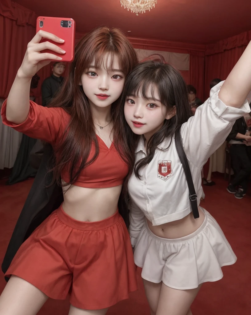 a boy HyunJin from Stray Kids with a girl ChaeWon from Lessersfim, in a red party room both together taking a selfie together
