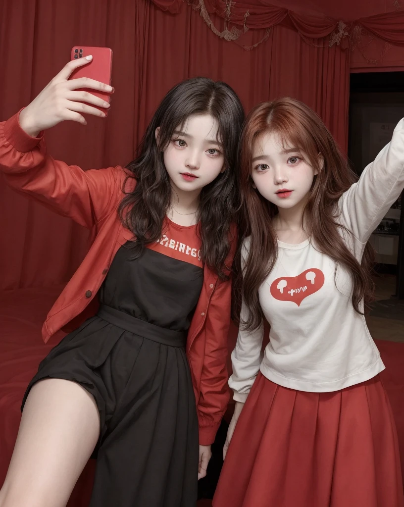 a boy HyunJin from Stray Kids with a girl ChaeWon from Lessersfim, in a red party room both together taking a selfie together