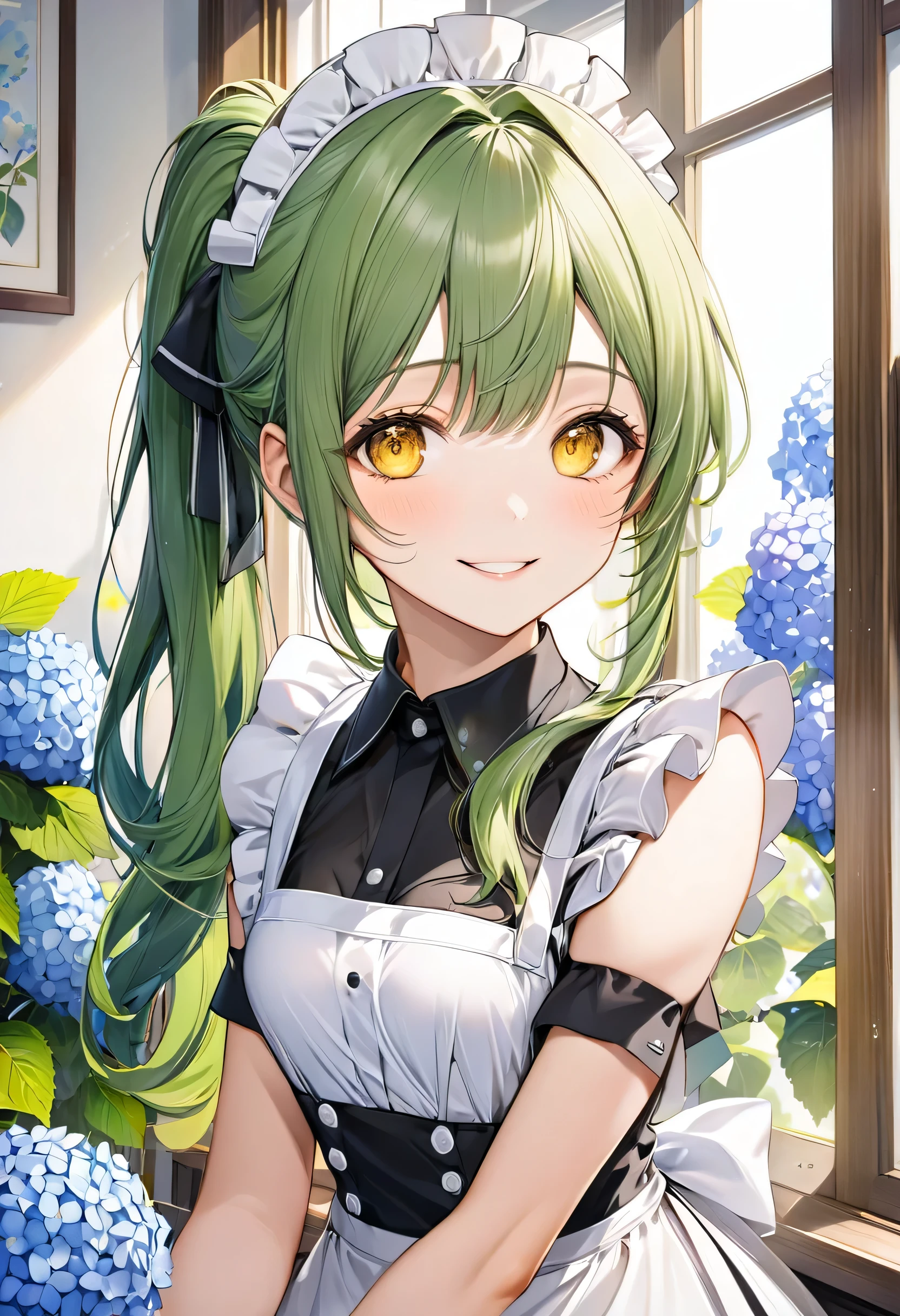 (close up face) (15 yo, solo ponytail green hair long hair divine cute girl, cute cool yellow eyes, love smile, medium tits), (in a summer maid clothes), break, (in the simple bedroom, background Through the window, out side A cluster of hydrangeas), BREAK, perfect anatomy, masterpiece, best quality, 16k, beautiful detailed grow, daydreaming expression.