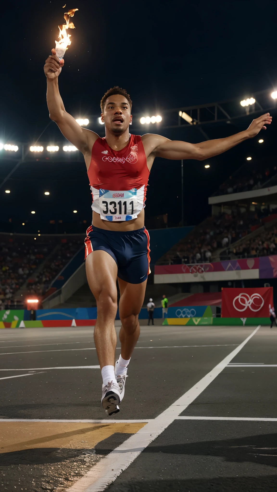 Sports Olympics  a man running to the finish line with a flame torch