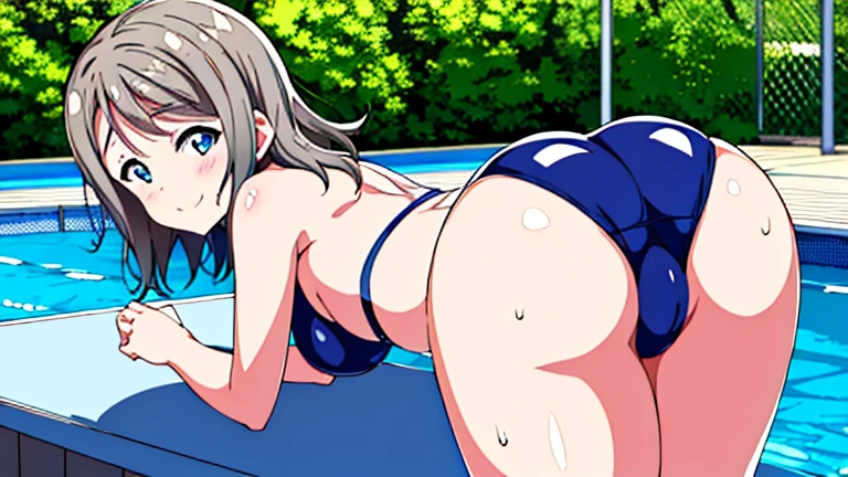 watanabe you, blue eyes, love live! sunshine!!, thick, sweat, sexual excitement, gravure, nsfw, competition swimsuit, shy, anime painting, gravure, bend over, poolside, smile, looking back, showoff
