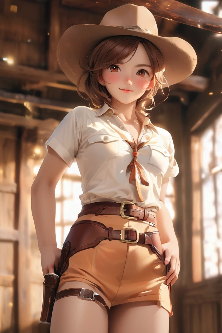(((NSFW:1.6))),((Nude:1.6)))(((1 person:2.0))),(((naked:1.2))),(((brown gun belt:1.8))),((Brown cowboy hat)),((Wear a metal watch on your wrist:1.8))),(((Showing cleavage))),(((Exposed thin inner thighs))),(((Small breasts:1.5))),(((nakedの腕))),(((Her hair is brown))),((Blushed:1.2)), Beautiful detailed girl, Very detailed目と顔, 緻密でBeautiful Eyes, Very detailed, High resolution, Highest quality, masterpiece, Very detailed, 8k wallpaper, wonderful, finely, Highest quality, The light shines on your face,,(Standing in front of a wooden wall),Beautiful Eyes,((Engage your audience:1.2)),,Above the knee shot,((Are standing:1.2)),((Place your right hand on your chest:1.2))