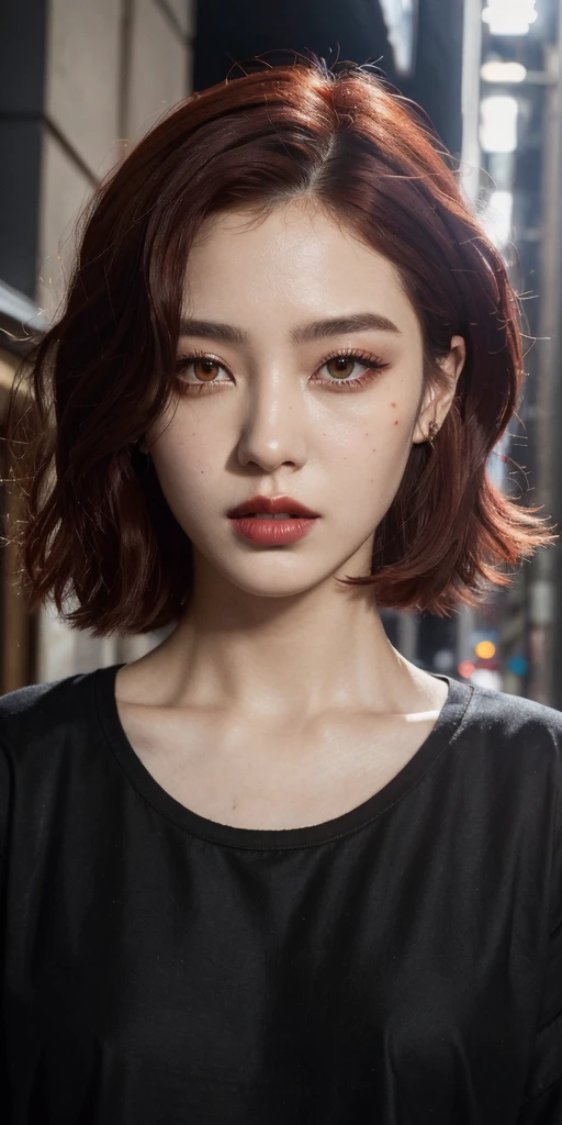 beautiful girl, half body portrait, short bright red disheveled hair, black eyeshadow, (street style wear:1.2), (city background:1.2), dark makeup, digital art, trending on artstation, highly detailed, fine detail, intricate,  beautiful detailed glow, detailed, Cinematic light, highres, detailed facial features,sharp focus, smooth, aesthetic,
