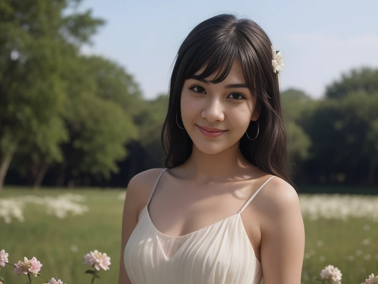 Medium View, Medium Shot, Written boundary depth, bust, Upper Body, Cinematic Angles, masterpiece, highest quality, Very detailed, cg, 8K Wallpaper, Beautiful Face, Delicate eyes, Otome, alone, smile, bangs, have,white colored dresses, bow, petal, bouquet