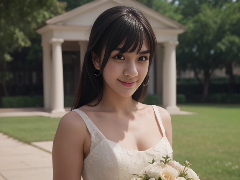 Medium View, Medium Shot, Written boundary depth, bust, Upper Body, Cinematic Angles, masterpiece, highest quality, Very detailed, cg, 8K Wallpaper, Beautiful Face, Delicate eyes, Otome, alone, smile, bangs, have,white colored dresses, bow, petal, bouquet