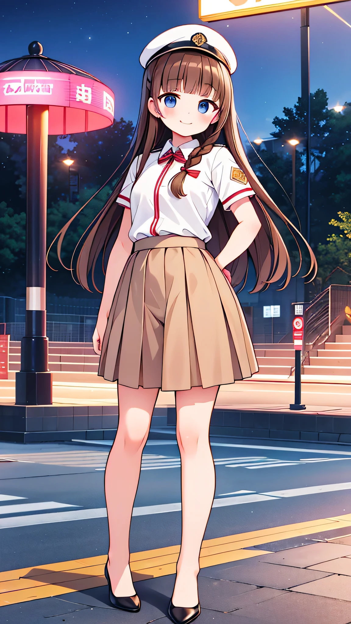 {Highest quality], [Super beautiful], [Ultra fine], [Best illustration], NSFW,Brown Hair, Hime cut,Braid, Long Hair, With bangs, girl, Uniform cap,Security uniform, smile, blush, Slender women,Short sleeve,Long straight skirt, Adult women,Strike a Pose,(Public）Night Park, diagonal,Bare feet and pumps, Plain black pumps