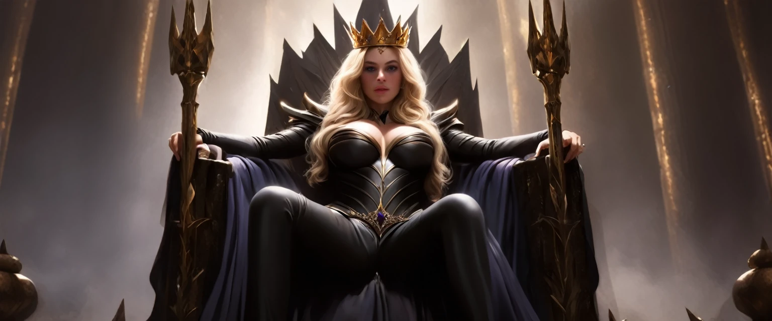 score_9, score_8_up, score_7_up, source_photo, photography, realistic, rating safe, wide shot, viewer is far from her, cinematic angle, ultra detailed, detailed eyes, absurdity, 1girl, elder queen, sitting on Throne of Power, crown, holding scepter, hands, looking at viewer, (oversized body), large breasts, long hair, blonde hair, wavy hair, multiple boys, they are masked, masterpiece, 8k,