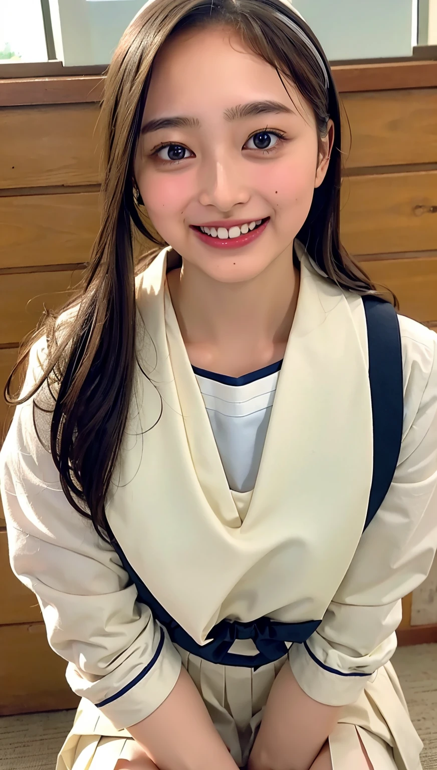 (((upper body shot))),Ultra-high resolution,big eyes,(brown eyes),Japanese,(forehead),(a girl),(1 girl),((17 years old)),(cute),pretty,((facing at viewer)),grin,(((white school sailor uniform))),pleated skirt,(sitting),(thick thighs)