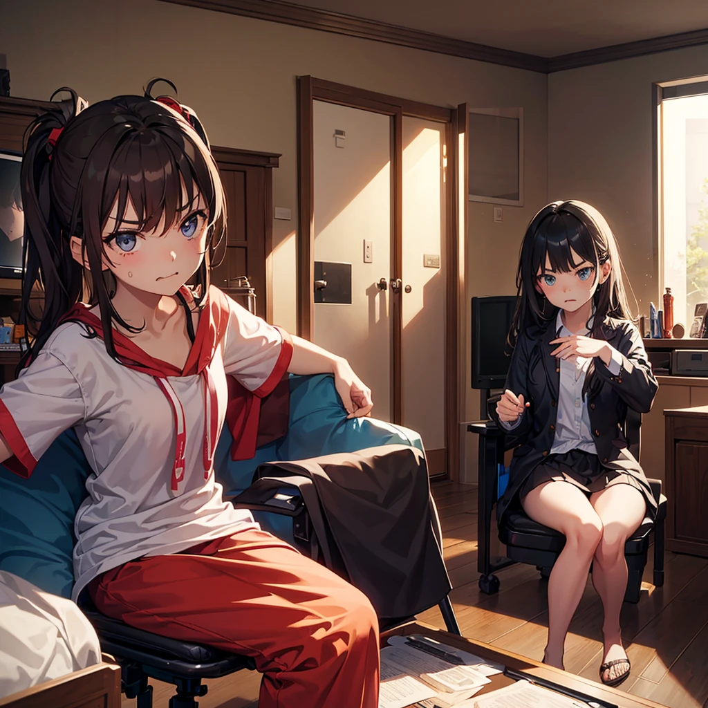 The girl (realistic face, angry expression) is sitting in the room (there is a TV, bed, chair) and there is a girl friend (real face, happy expression) they are both sitting next to each other.