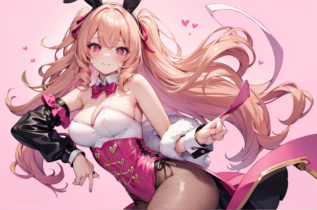 1girl,Sexy pretty girl, blonde hair, pastel red eyes,curly hair,dog ear, heart,ribbon,sexy bunny girl Fishnet tights, steam,pink background,one eye closedopen mouth smile,