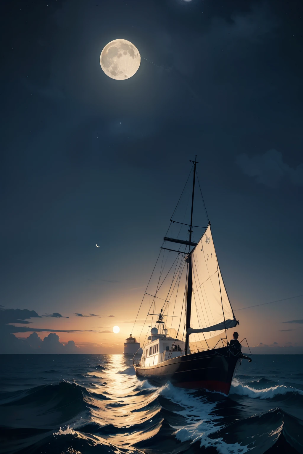 boat sailing in the sea heading towards a lighthouse at night with moon and fog