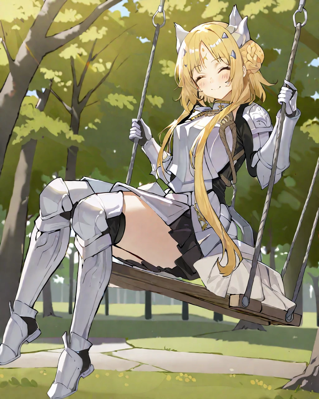 (1 girl:1.2),(Alone:1.2),Masterpiece,Best Quality,good hands,perfect hands,wide,happy expression,Closed eyes,whole body,by rubio,armor,facial mark,park background,sitting on a swing,swinging legs,