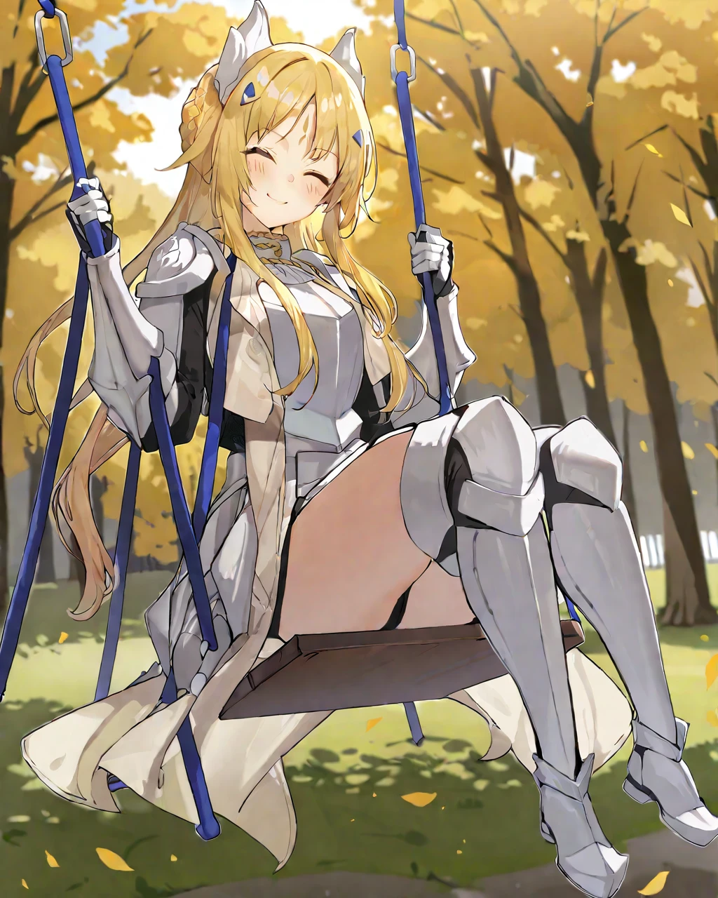 (1 girl:1.2),(Alone:1.2),Masterpiece,Best Quality,good hands,perfect hands,wide,happy expression,Closed eyes,whole body,by rubio,armor,facial mark,park background,sitting on a swing,swinging legs,