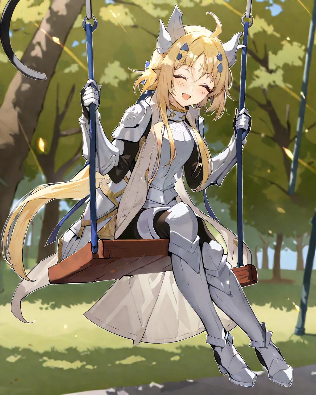 (1 girl:1.2),(Alone:1.2),Masterpiece,Best Quality,good hands,perfect hands,wide,happy expression,Closed eyes,whole body,by rubio,armor,facial mark,park background,sitting on a swing,swinging legs,