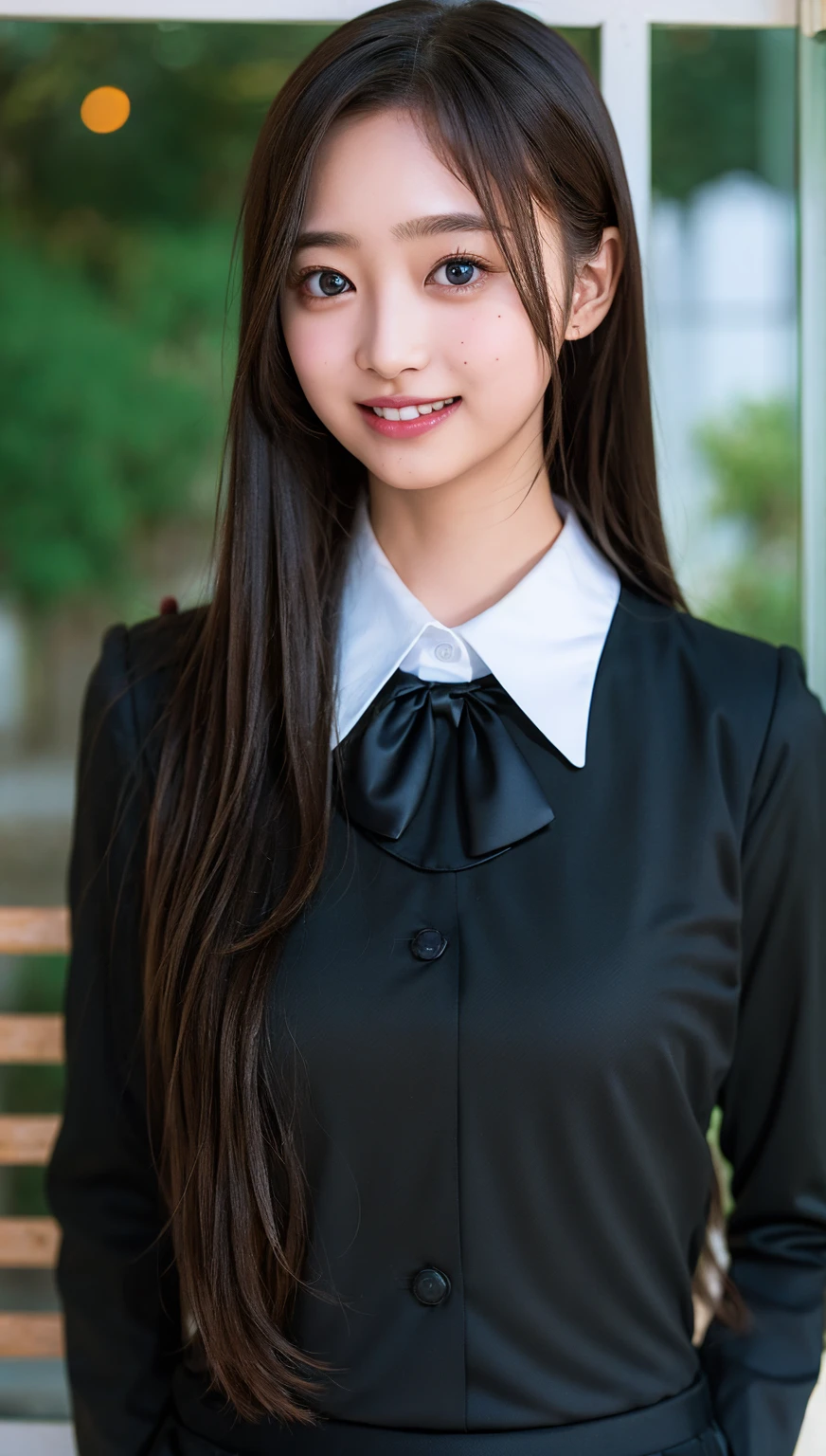 ((highest quality、8k、masterpiece:1.3)),((((upper body shot)))),Ultra-high resolution,big eyes,Japanese,forehead,bangs,(a girl),(1 girl),((16 years old)),((cute)),pretty,((facing at viewer)),(long hair),((black shirts)),grin