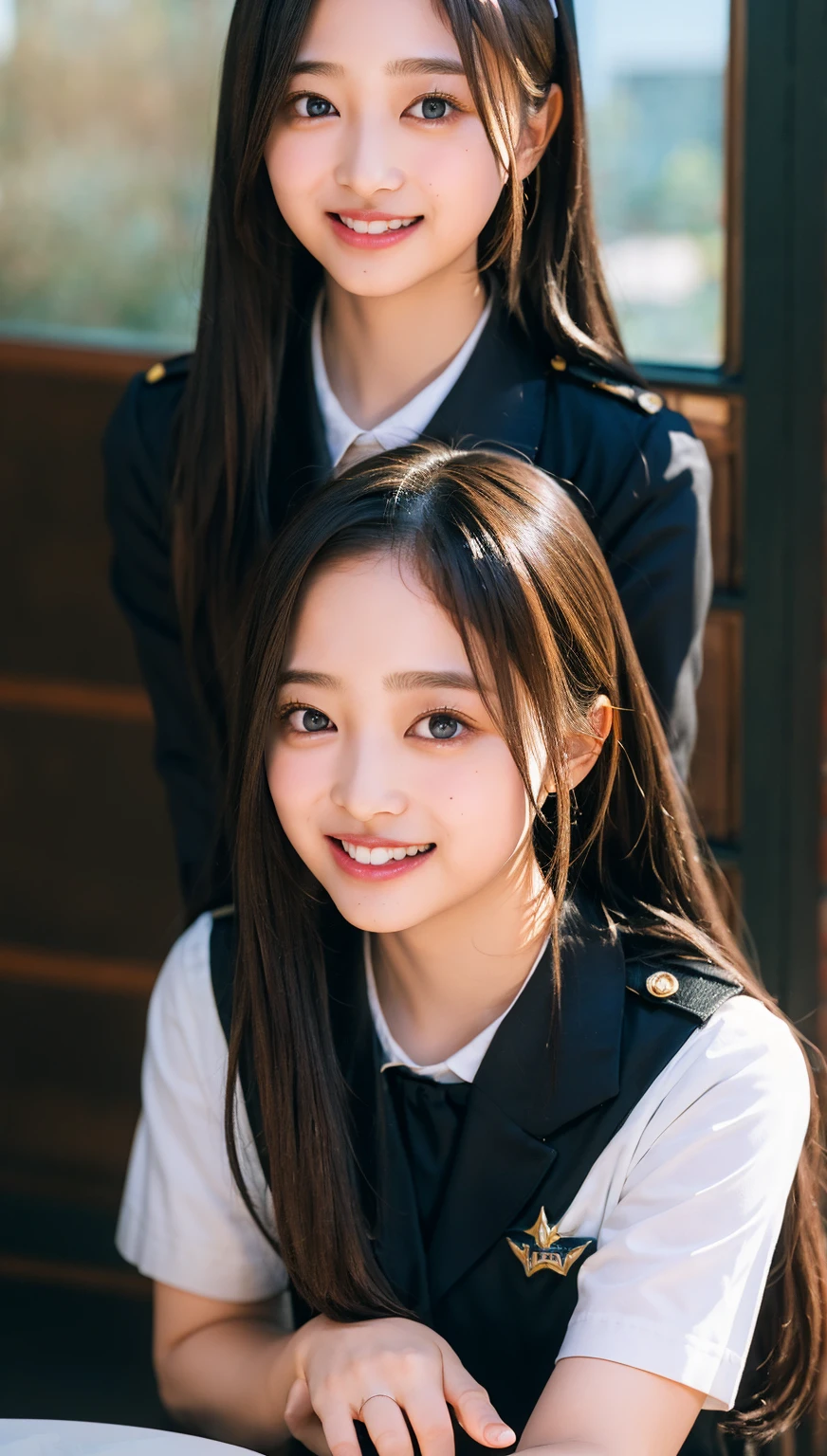 (((upper body shot))),Ultra-high resolution,big eyes,((brown eyes)),Japanese,(forehead),(a girl),(1 girl),((************)),(cute),pretty,((facing at viewer)),arms behind back,grin,(((black uniform)))