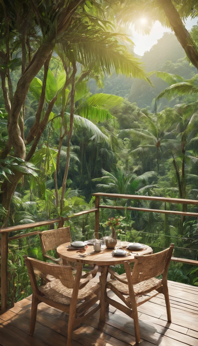 A cozy wooden terrace in a jungle setting with two chairs and a table, surrounded by lush greenery