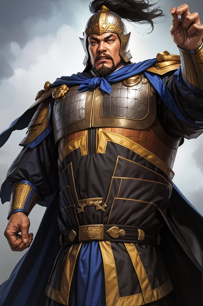 8K,1 middle-aged man,oriental armor(The elaborately crafted coat of arms of a nobleman),ultra high resolution,surreal,realistic skin,Black hair short hair,big black eyes,clear eye description, muscular body,waist armor,delicate hands, Perfect hand shape, character art, action pose,masterpiece,Realistic RAW photos of the highest quality,bright colors,rich colors, backlight, movie lights, film grain,50mm lens, face armor, face helmet, face helmet