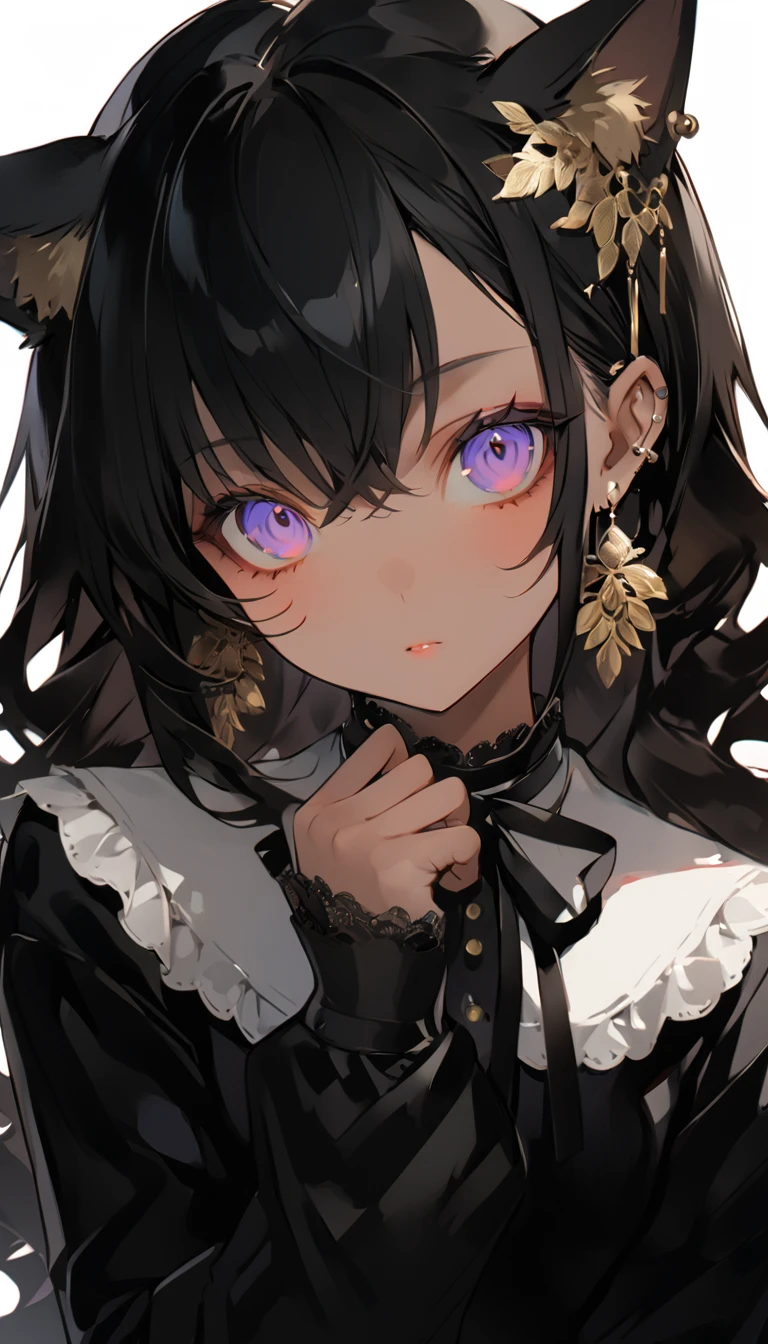 the young woman has a very long black hair and purple eyes in this picture, 1girl, solo, dark skin, dark-skinned female, animal ears, long hair, jewelry, purple eyes, looking at viewer, purple hair, earrings