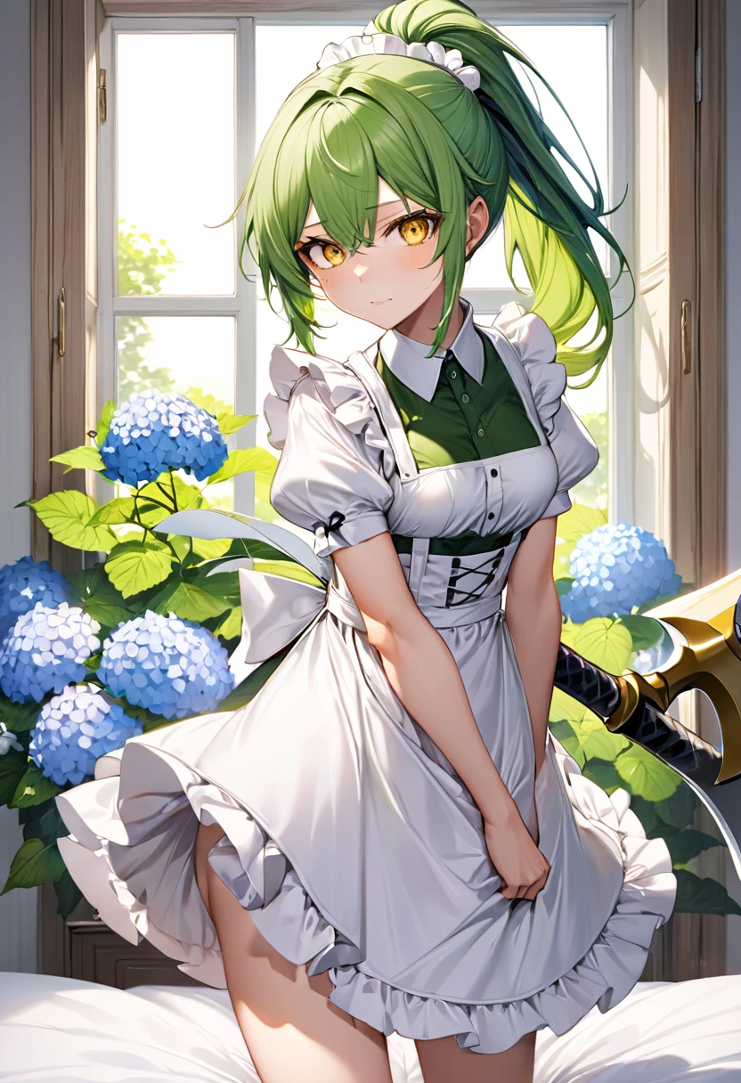 (frontale, full body) (15 yo, solo ponytail green hair long hair divine axe fighter girl, rage yellow eyes, rage:1.3 face, medium tits), (in a summer maid clothes), break, (in the simple bedroom, background Through the window, out side A cluster of hydrangeas), BREAK, perfect anatomy, masterpiece, best quality, 16k, beautiful detailed grow, daydreaming expression.