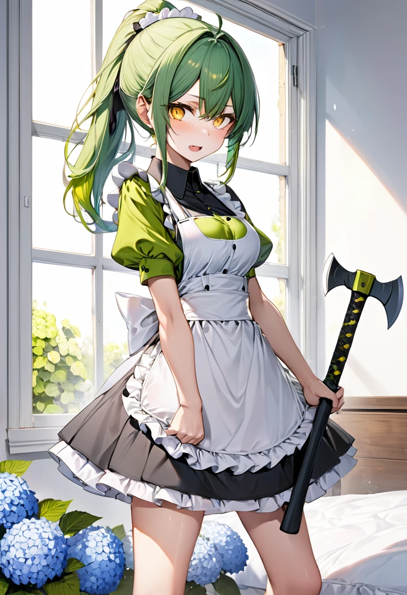 (frontale, full body) (15 yo, solo ponytail green hair long hair divine axe fighter girl, rage yellow eyes, rage:1.3 face, medium tits), (in a summer maid clothes), break, (in the simple bedroom, background Through the window, out side A cluster of hydrangeas), BREAK, perfect anatomy, masterpiece, best quality, 16k, beautiful detailed grow, daydreaming expression.