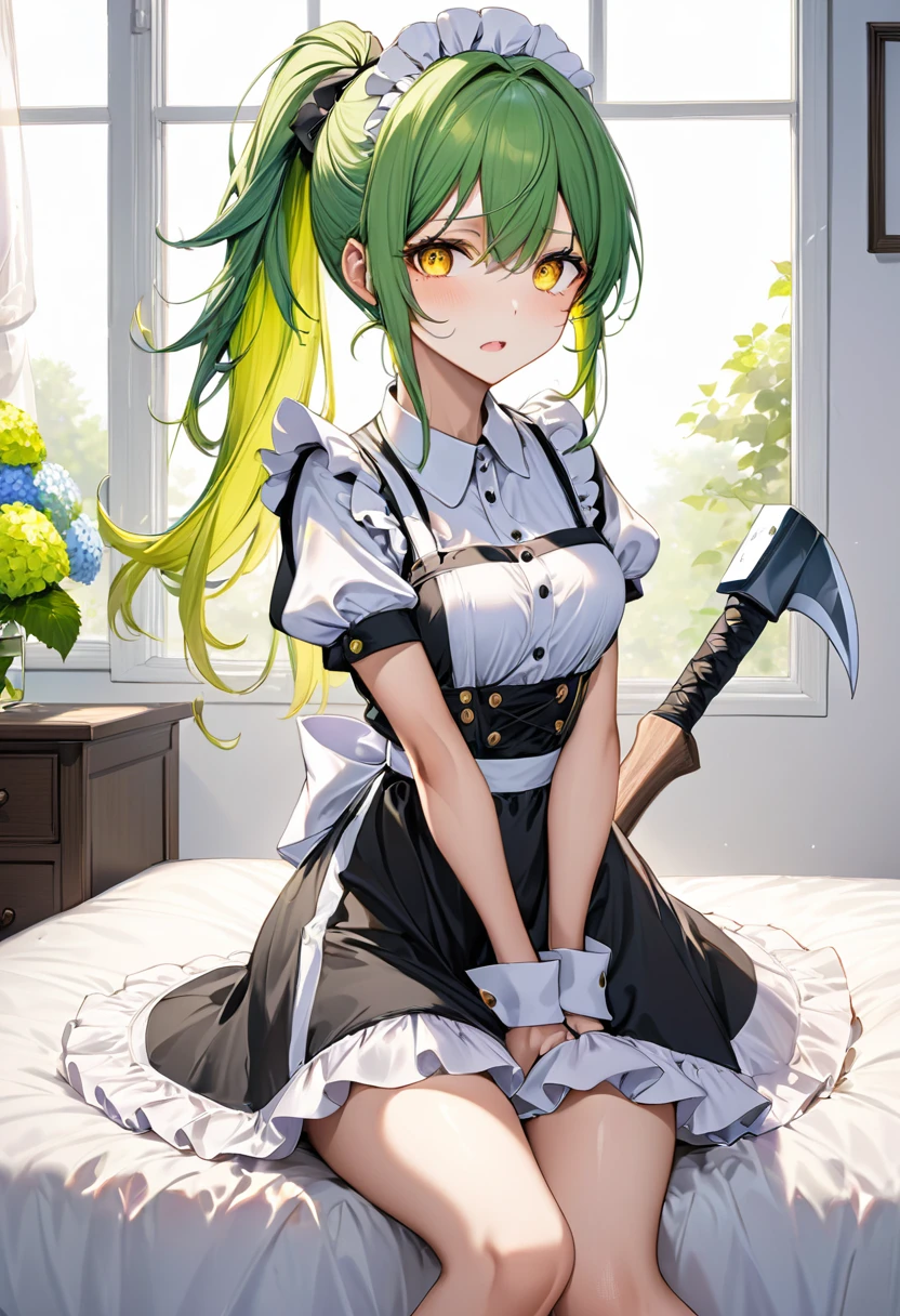 (frontale, full body) (15 yo, solo ponytail green hair long hair divine axe fighter girl, rage yellow eyes, rage:1.3 face, medium tits), (in a summer maid clothes), break, (in the simple bedroom, background Through the window, out side A cluster of hydrangeas), BREAK, perfect anatomy, masterpiece, best quality, 16k, beautiful detailed grow, daydreaming expression.