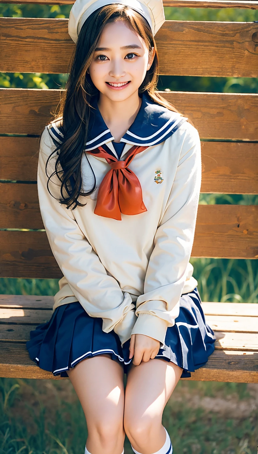 (((cowboy shot))),Ultra-high resolution,big eyes,(brown eyes),Japanese,(forehead),(a girl),(1 girl),(()),(cute),pretty,((facing at viewer)),grin,(((white school sailor uniform))),pleated skirt,(sitting),(thick thighs)