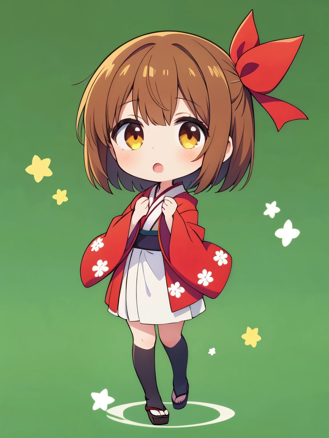 1girl,kimono,chibi,full body,green background,short hair,brown hair,brown eye,staning,put hands on body,put a red ribbon on your head,open mouth