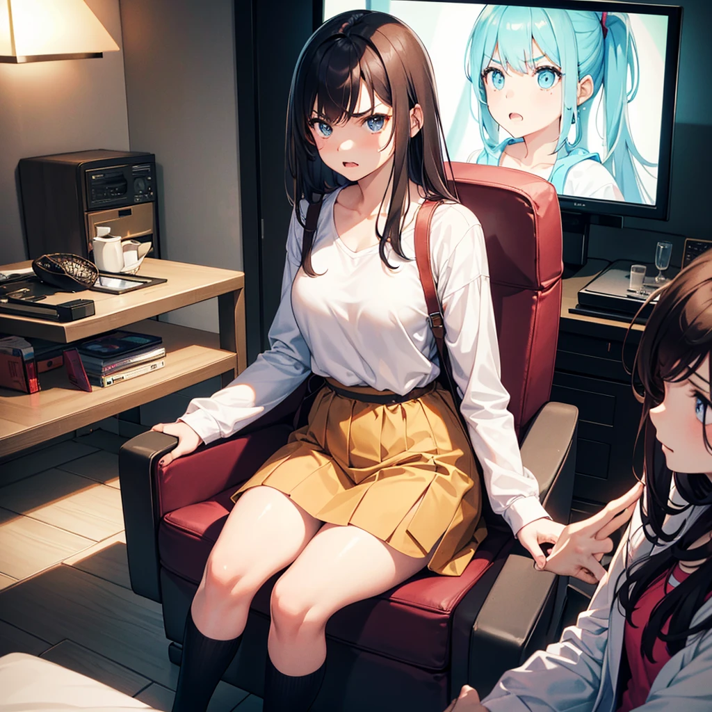 The girl (realistic face, angry expression) is sitting in the room (there is a TV, bed, chair) and there is a girl friend (real face, happy expression) they are both sitting next to each other.