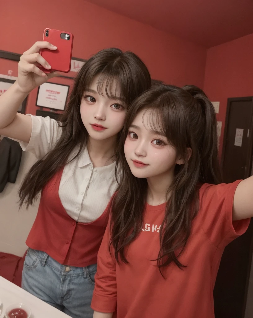 a boy HyunJin from Stray Kids with a girl ChaeWon from Lessersfim, in a red party room both together taking a selfie together man and woman