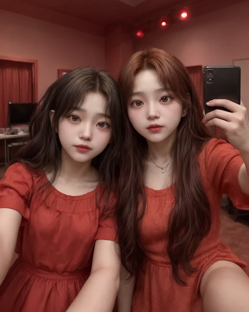 a boy HyunJin from Stray Kids with a girl ChaeWon from Lessersfim, in a red party room both together taking a selfie together man and woman 