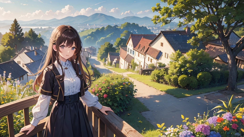 masterpiece,Highest quality,One girl,Hair color is brown,semi-long, Kind eyes,Gradient Hair,countryside,Cityscape,sunlight,Flowers and plants,blue sky,scenery,afternoon,Light perception,Soft sunlight,