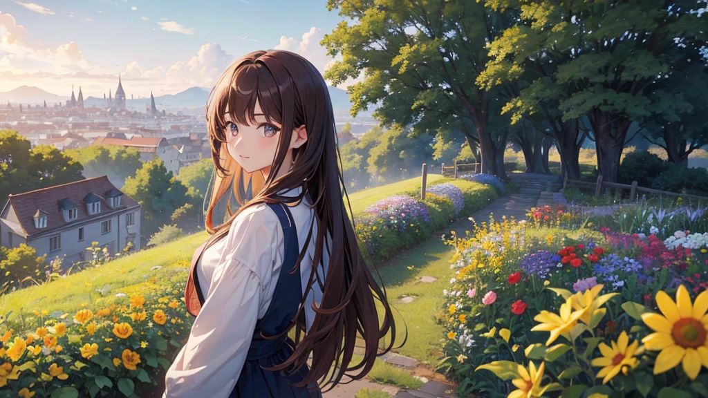 masterpiece,Highest quality,One girl,Hair color is brown,semi-long, Kind eyes,Gradient Hair,countryside,Cityscape,sunlight,Flowers and plants,blue sky,scenery,afternoon,Light perception,Soft sunlight,