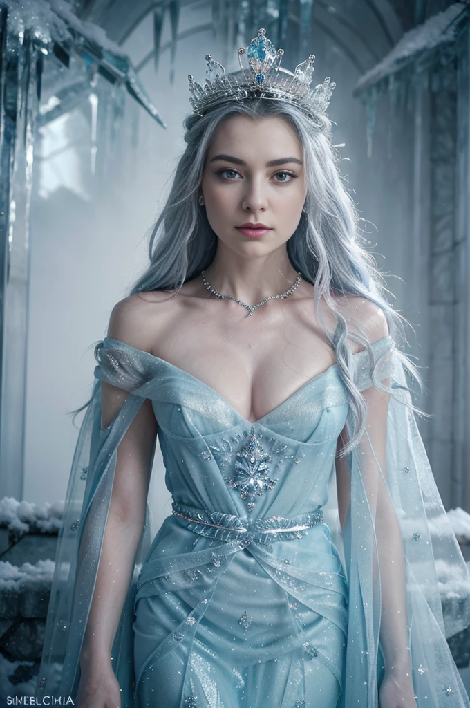 A regally frigid cold queen shrouded in an aura of frosty elegance. Her icy gaze pierces the soul, every inch of her shimmering with icy brilliance. Her flowing robes cascade like frozen waterfalls, delicate but menacing. This meticulously detailed painting, captures the essence of her chilling beauty with stunning clarity and precision. 8k, fullbody