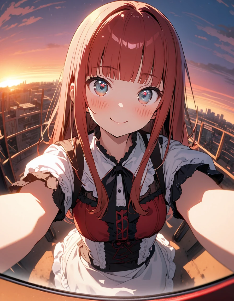 (8K, best quality, master piece: 1.2), super high resolution,novel illustration,1girl,16yo,ultra-detailed face,detailed eyes,mascara,Taking a Selfie with a smartphone,smile,red hair,bashful,Lolita Fashion(red:1.4),cute,｛crimson Bustier｝,Straight Hair,Long Hair,shiny hair,blunt bangs,Sitting on top of a construction site,Shot from above,Reddish Sky at Sunset,Rim Light,Selfie,Fisheye,no black picture