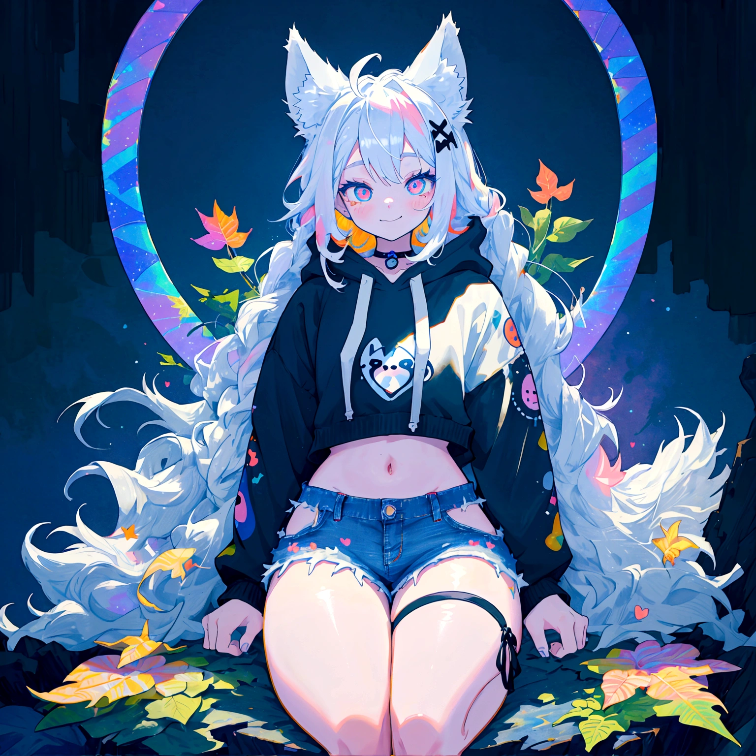 a cute adult male with wolf ears, long white hair, long locks, has a wolf tail, wearing a loose cropped black hoodie, wearing a pair of denim short shorts and fishnet stockings, thick thighs, wide hips, relaxing on mountain of fluffy multi colored kawaii plushies, short, very slim, showing slender tummy, heart on hoodie, squishy thighs, has glowing blue eyes. alone, solo (ALONE)(SOLO), surrounded by rainbows, colorful galaxy backround, smiling, ontop of a pile of fluffy plushes, plushies everywhere, kawaii plushies, surrounded by bubbles, surrounded by rainbow leaves