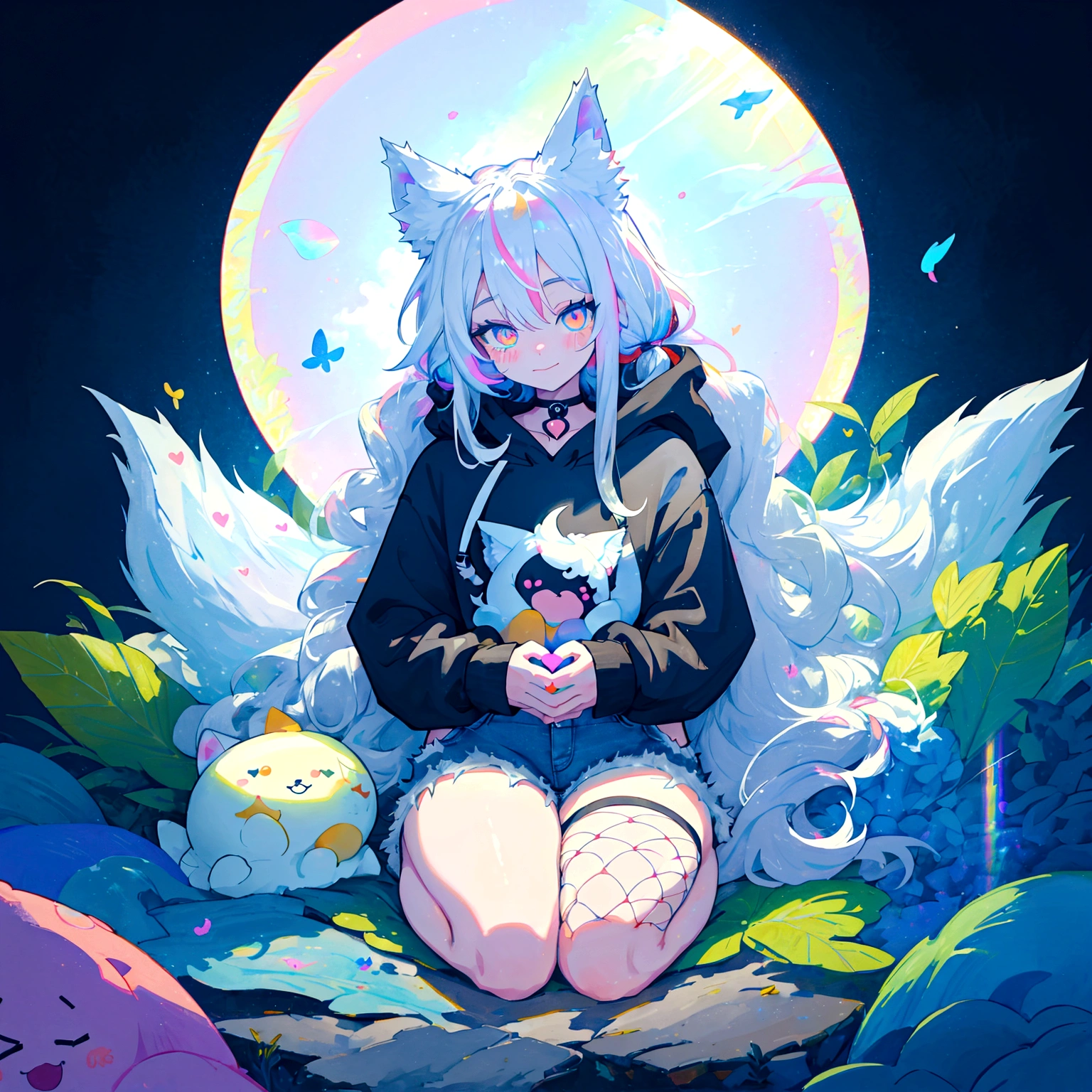 a cute adult male with wolf ears, long white hair, long locks, has a wolf tail, wearing a loose cropped black hoodie, wearing a pair of denim short shorts and fishnet stockings, thick thighs, wide ????, relaxing on mountain of fluffy multi colored kawaii plushies, short, very slim, showing slender tummy, heart on hoodie, squishy thighs, has glowing blue eyes. alone, solo (ALONE)(SOLO), surrounded by rainbows, colorful galaxy backround, smiling, ontop of a pile of fluffy plushes, plushies everywhere, kawaii plushies, surrounded by bubbles, surrounded by rainbow leaves