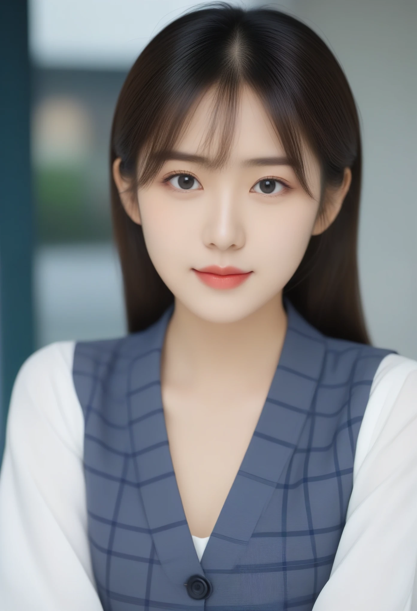 8K, Ultra-high resolution, Highest quality, masterpiece, 三分割法によるphotograph,Surreal, photograph, 1 girl, (16 years old:1.3), pretty girl, Cute face, Beautiful eyes in every detail, 細かくdetailedに,masterpiece,, One Girl:1.2, Japan Female Announcer,whole body、Black Hair、well-groomed eyebrows、Cute Lip Makeup,1 Woman Standing, office worker, (White and grey checked vest:1.2) (Navy pencil skirt) , (Modern office indoors), Cityscape of windows, detailedな背景,Cute gestures、so beautiful,A carefree smile,Healing the heart,blunt bangs,Looking at the audience、beauty,Long neck、Laugh a little、Please close your mouth and laugh、(((Ideal body type))),A-cup small breasts :2,、Portraiture:2、Perfect Anatomy、鮮明なdetailed、detailed、Surreal、Light and shadow,Strong light