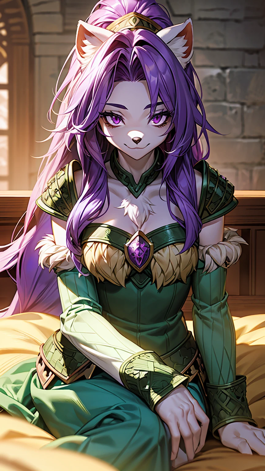 Sierra, (White corner:1.1), Furry female anthropomorphism, Wolf Girl, Purple Hair, Long Hair, Portraiture, close, Purple eyes, (Green armor:1.2), Fur trim, alone, (Body hair:1.2), (Highest quality), (detailed castle background:1.2), Dramatic lighting, (Fluffy fur with attention to detail:1.1), View your viewers, Medium chest, Purple eyes, whole body,For rest,Sitting