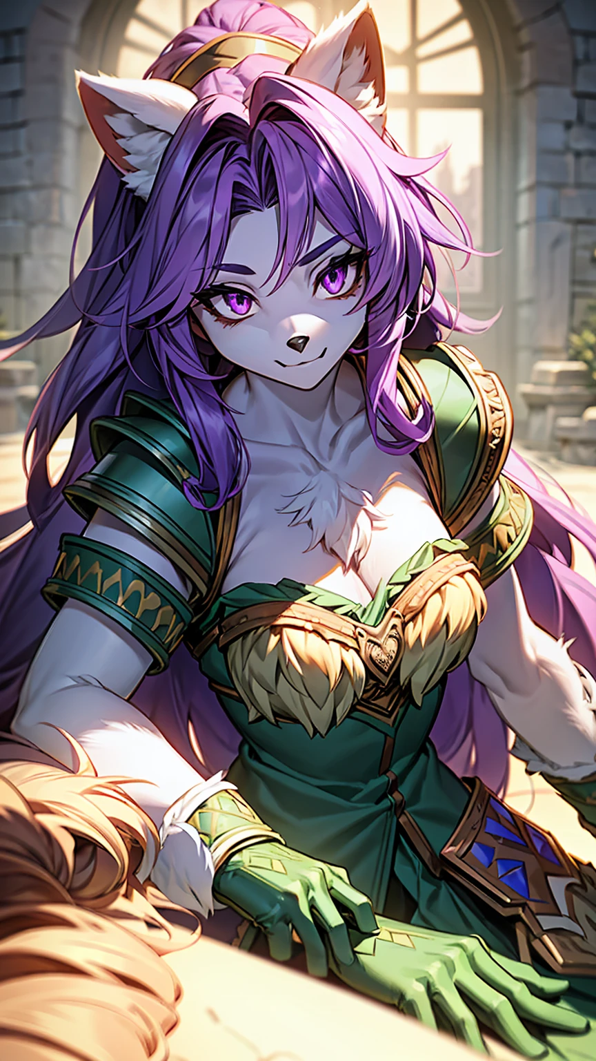 Sierra, (White corner:1.1), Furry female anthropomorphism, Wolf Girl, Purple Hair, Long Hair, Portraiture, close, Purple eyes, (Green armor:1.2), Fur trim, alone, (Body hair:1.2), (Highest quality), (detailed castle background:1.2), Dramatic lighting, (Fluffy fur with attention to detail:1.1), View your viewers, Medium chest, Purple eyes, whole body,For rest,Sitting